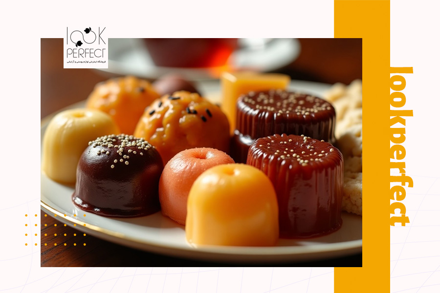 تصویر بشقابی شامل دسرهای ژلهای متنوع و خوشرنگ، حاوی مواد مغذی برای پوست