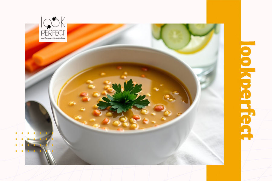 تصویر یک کاسه سوپ داغ با تزئین سبزیجات تازه، مناسب برای تقویت پوست در فصل سرما