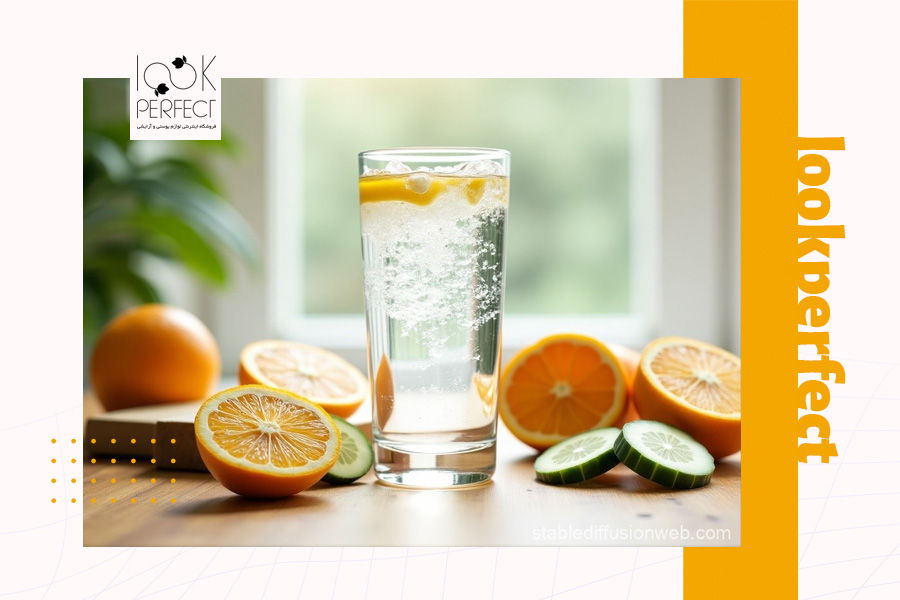 یک لیوان آب حاوی برش‌های لیمو و خیار، نشان‌دهنده اهمیت نوشیدن آب و مصرف ویتامین C برای حفظ رطوبت لب‌ها