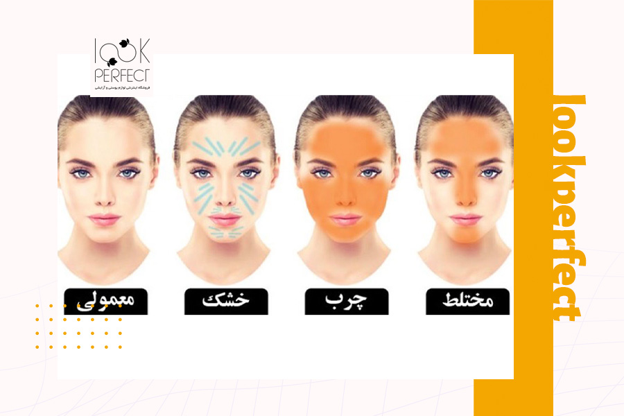 این تصویر راهنمایی برای تشخیص نوع پوست است که تفاوت بین پوست چرب، خشک، مختلط و نرمال را نشان می‌دهد. اگر مطمئن نیستی که پوستت چرب است یا مختلط، می‌توانی با روش‌های تشخیص نوع پوست در خانه که در مقاله توضیح داده شده، نوع پوست خودت را پیدا کنی