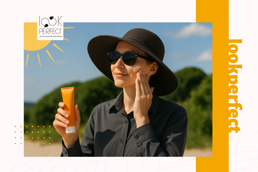 زن جوان با لباس محافظ، عینک و کلاه لبه‌دار در فضای باز در حال زدن کرم ضدآفتاب