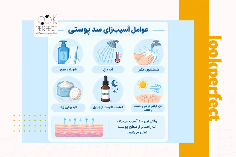 اینفوگرافیک ۶ علت و عامل آسیب رسان به سد دفاعی پوست و افزایش تبخیر آب
