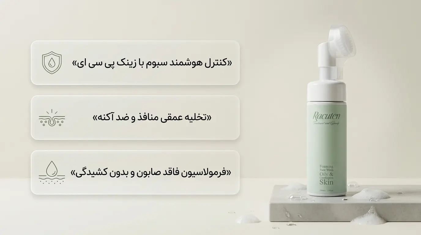 ویژگی ها و مزایای فوم شوینده صورت پوست چرب راکوتن حاوی زینک PCA و کنترل چربی
