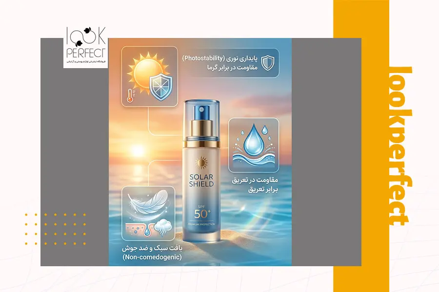 اینفوگرافیک ویژگی های مهم ضد آفتاب شامل پایداری نوری مقاومت در تعریق و غیر کومدون زا بودن