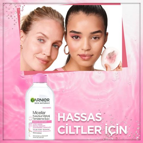 دو خانم با پوست‌های متفاوت، در حال استفاده از میسلار واتر گارنیه برای پاک کردن آرایش. مناسب برای پوست‌های حساس.